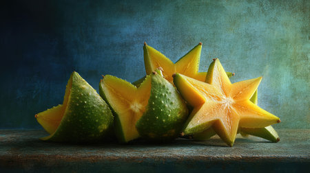 A vibrant display of fresh starfruit slices against a rustic background, showcasing the fruit's unique shape and colors. Perfect for food photography.の素材