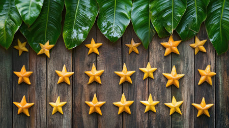 A vibrant display of yellow stars arranged on a rustic wooden background, complemented by lush green leaves, perfect for nature-inspired decor.の素材