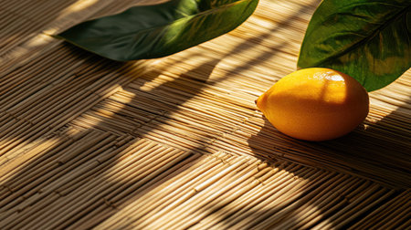 A vibrant lemon sits on a natural surface, enhanced by gentle sunlight and shadows. Green leaves provide a refreshing touch, creating a serene atmosphere.の素材