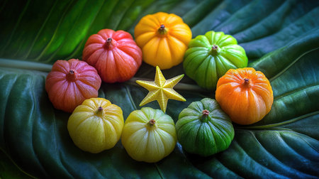 A vibrant arrangement of colorful miniature pumpkins surrounded by lush green leaves, featuring a star decoration, perfect for seasonal decor or autumn celebrations.の素材