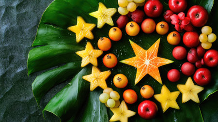 A vibrant arrangement of various fruits including starfruit, oranges, and apples on a large green leaf. Perfect for food styling, health, and decoration concepts.の素材