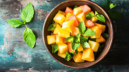 Delight in this colorful fresh fruit salad featuring juicy melon and mint leaves in a rustic wooden bowl, perfect for a refreshing summer snack.の素材