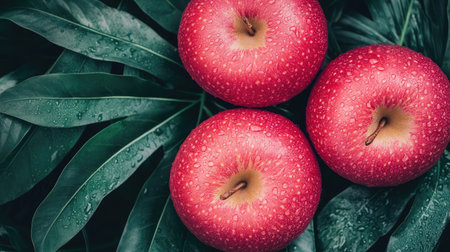 Three fresh red apples with water droplets rest on lush green leaves, creating a vibrant and colorful still-life arrangement ideal for food photography.の素材