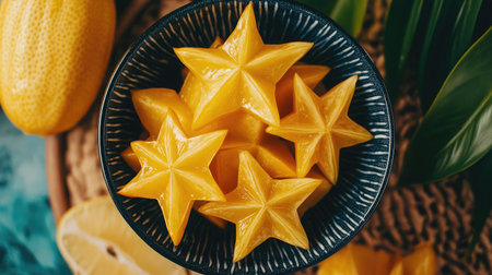 A vibrant display of fresh starfruit in a blue bowl, showcasing its unique star shape. This image captures the essence of tropical fruit and healthy eating.の素材