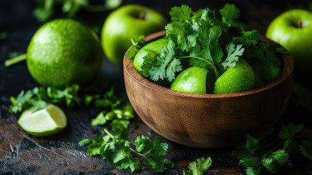 A rustic wooden bowl filled with fresh green apples and cilantro, accompanied by lime slices. Perfect for healthy recipes and culinary creativity.の素材