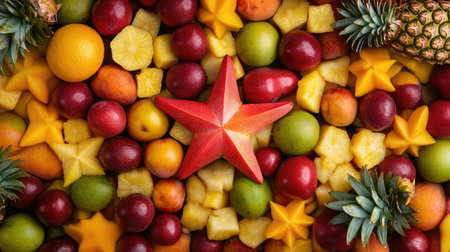 A vivid collection of fresh fruits including pineapple, mango, orange, and star-shaped slices creates a visually stunning and colorful arrangement, perfect for promoting healthy eating.の素材