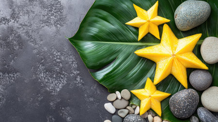 A beautiful arrangement of starfruits on a leafy background with smooth stones. Perfect for summer-themed, tropical, or culinary projects.の素材