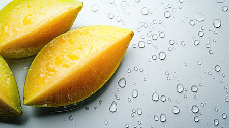 Bright yellow melon slices glisten with water droplets, offering a refreshing look at healthy fruit. Perfect for summer food themes and culinary presentations.の素材
