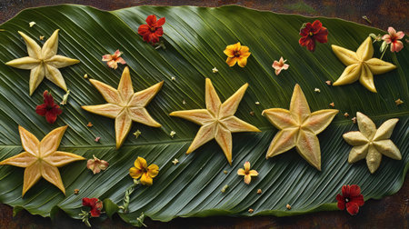A vibrant flat lay of starfruit arranged with tropical flowers on large green leaves, showcasing fresh colors and nature's beauty, ideal for culinary use.の素材