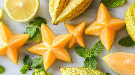 A stunning collection of vibrant star fruits and fresh mint arranged on a marble surface, ideal for culinary designs and healthy food concepts.の素材