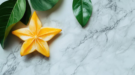A vibrant star fruit slice is displayed on a marble background, accompanied by lush green leaves. Perfect for food lovers and healthy lifestyle themes.の素材