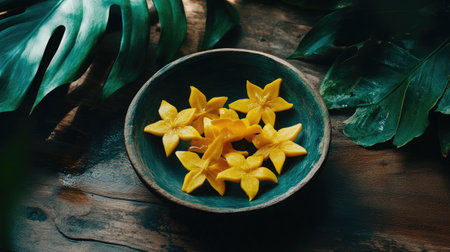 A captivating display of vibrant yellow flowers arranged in a decorative bowl, set against a backdrop of lush green leaves, evoking a sense of natural beauty and tranquility.の素材
