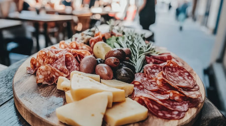 A beautiful arrangement of cheese, meats, and fresh fruits on a wooden platter, perfect for sharing at gatherings or enhancing a dining experience.の素材