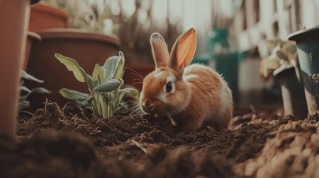 This charming image features a cute rabbit foraging in a garden, surrounded by lush greenery and vibrant plants. Perfect for nature lovers and animal enthusiasts.の素材