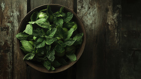 A rustic wooden bowl filled with fresh green mint leaves, showcasing the vibrant color and texture, perfect for culinary use or natural decoration.の素材