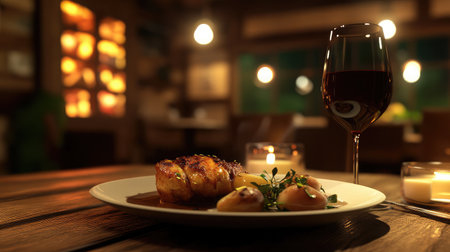 An elegantly arranged dinner plate featuring gourmet cuisine, complemented by a glass of red wine and a cozy candlelit ambiance, perfect for an intimate gathering.の素材
