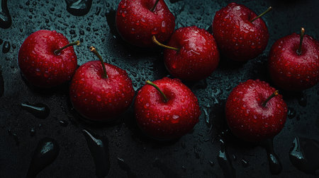 A stunning arrangement of fresh red apples featuring glistening water droplets on a dark surface, highlighting their vibrant color and natural beauty.の素材