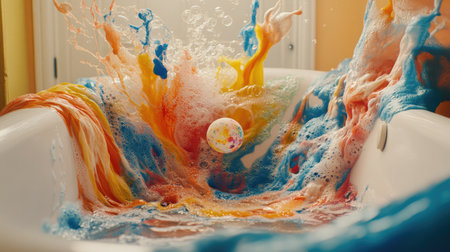 A vibrant scene of colorful bubbles and foam splashing in a bathtub, capturing the playful essence of relaxation and joy. Perfect for creative projects!の素材