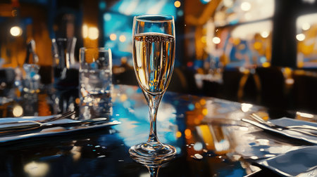 A beautifully styled champagne glass sits on a restaurant table, reflecting a warm and festive ambiance, perfect for celebrations and special occasions.の素材