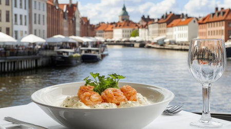 Enjoy a delightful shrimp dish presented beautifully by the water, capturing the charm of summer dining in a scenic riverside setting.の素材