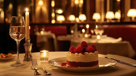 A beautifully arranged table setting featuring a decadent dessert surrounded by candlelight, ideal for a romantic evening or special celebration.の素材