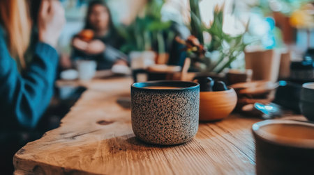 A cozy cafe scene showcasing a beautifully crafted coffee cup on a rustic wooden table. The atmosphere buzzes with social interactions and greenery.の素材