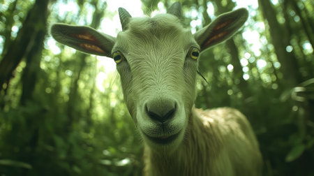 This charming goat captures attention with a curious expression in a vibrant green forest. The serene environment showcases nature's beauty and tranquility.の素材