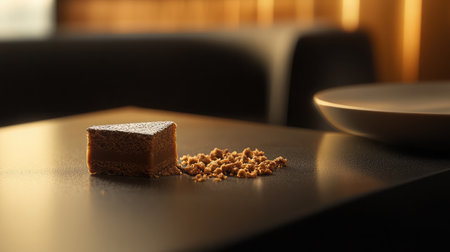 A beautifully presented chocolate dessert on a table, accompanied by crumbs. Perfect for showcasing gourmet sweetness and elegant dining experiences.の素材