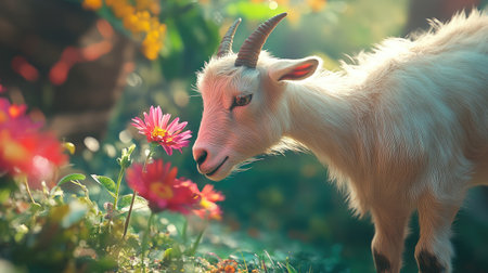 A charming goat curiously sniffing vibrant flowers in a sunny garden, capturing the essence of natureの素材