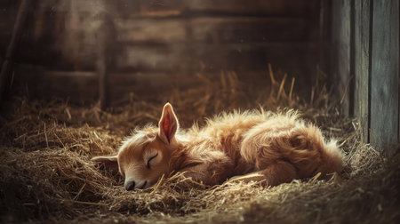 A serene scene featuring a baby goat sleeping soundly in soft hay, capturing the essence of tranquility and innocence in a rural environment.の素材