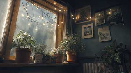 A tranquil indoor scene featuring lush plants by a sunlit window adorned with warm fairy lights, creating a cozy and inviting atmosphere.の素材