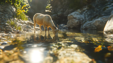 A serene scene of a goat drinking water from a clear stream, surrounded by rocky terrain and lush greenery. Sunlight glimmers on the water's surface.の素材