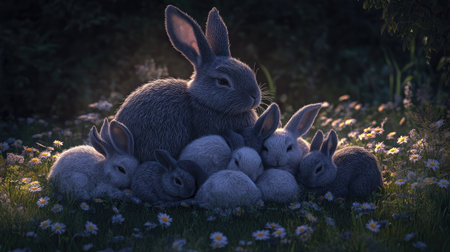 A serene scene featuring a mother rabbit with her young nestled together among wildflowers at dusk, showcasing the beauty of nature and tenderness.の素材