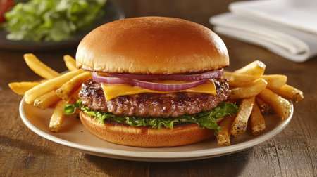A mouthwatering burger stacked with cheese and fresh vegetables, served with crispy fries. Ideal for showcasing delicious fast food experiences.の素材