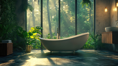 Experience tranquility in this beautiful bathroom featuring a modern bathtub surrounded by lush greenery and natural light, creating a serene retreat.の素材