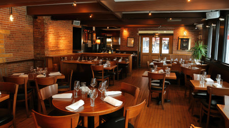 A cozy interior of a modern restaurant featuring wooden tables and chairs, warm lighting, and an inviting atmosphere perfect for dining and relaxation.の素材