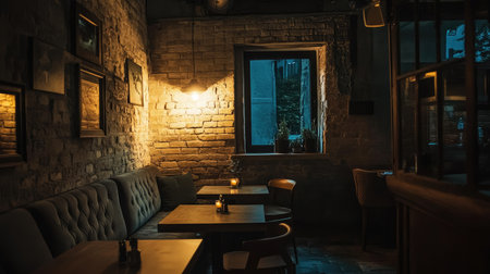 A cozy restaurant interior featuring warm lighting and stylish wooden furniture, creating an inviting atmosphere perfect for evening gatherings.の素材