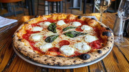 A mouthwatering Margherita pizza topped with fresh basil and mozzarella. Perfect for any dining occasion, this pizza is a treat for the senses.の素材