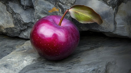 A vibrant red apple rests on a stone surface, showcasing its glossy finish and fresh green leaf. Perfect for themes of nature, health, and organic living.の素材