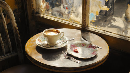 A cozy moment featuring a cup of coffee on a wooden table by the window, capturing the interplay of light and shadows in a tranquil cafe setting.の素材