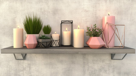 A modern shelf display featuring a mix of plants and candles in stylish arrangements. Ideal for home decor, showcasing tranquility and contemporary elegance.の素材