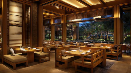 Beautiful interior of a modern restaurant featuring elegant wood furniture, warm lighting, and expansive windows with nature views, creating a cozy dining atmosphere.の素材