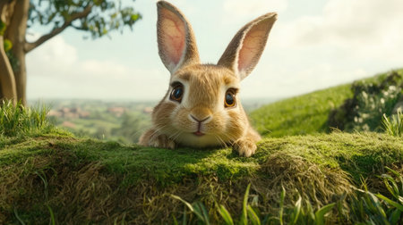 This adorable rabbit rests in a vibrant green meadow, showcasing its large ears and curious expression. A beautiful representation of wildlife in nature.の素材