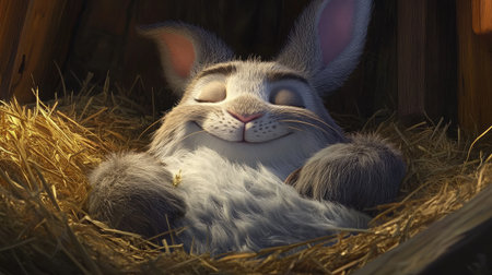 A charming illustration of a cute rabbit sleeping peacefully in a cozy nest of hay. The rabbit's fluffy fur and joyful expression create a serene scene.の素材