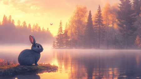 A serene scene featuring a rabbit sitting by a tranquil lake at sunset. The colorful sky and reflective water create a peaceful ambiance in nature.の素材