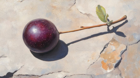 A solitary purple fruit rests on a textured surface, capturing the essence of simplicity and elegance in nature. Ideal for culinary or artistic themes.の素材
