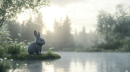 A charming rabbit sits peacefully by the water's edge in a misty landscape, capturing the essence of tranquility and nature's beauty.の素材
