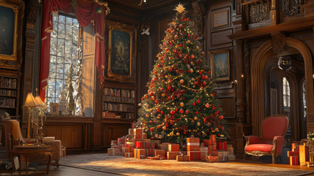 A beautifully decorated Christmas tree stands in an elegant library, surrounded by presents. The warm ambiance and rich decor create a festive and cozy atmosphere.の素材