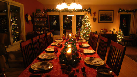 A beautifully decorated dining room for the holidays featuring a large table adorned with candles, festive decor, and a sparkling Christmas tree in the background.の素材