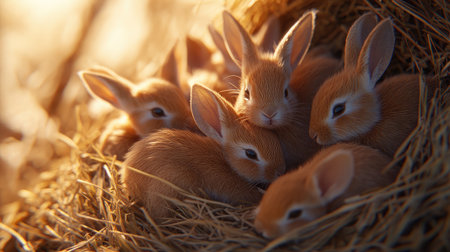 A charming scene of baby rabbits nestled together in a cozy hay nest, showcasing their soft fur and adorable features in a warm light setting.の素材